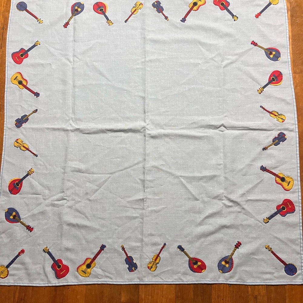 Vtg Guitar Border Linen Tablecloth Light Blue Red & Yellow Guitars Music Strings